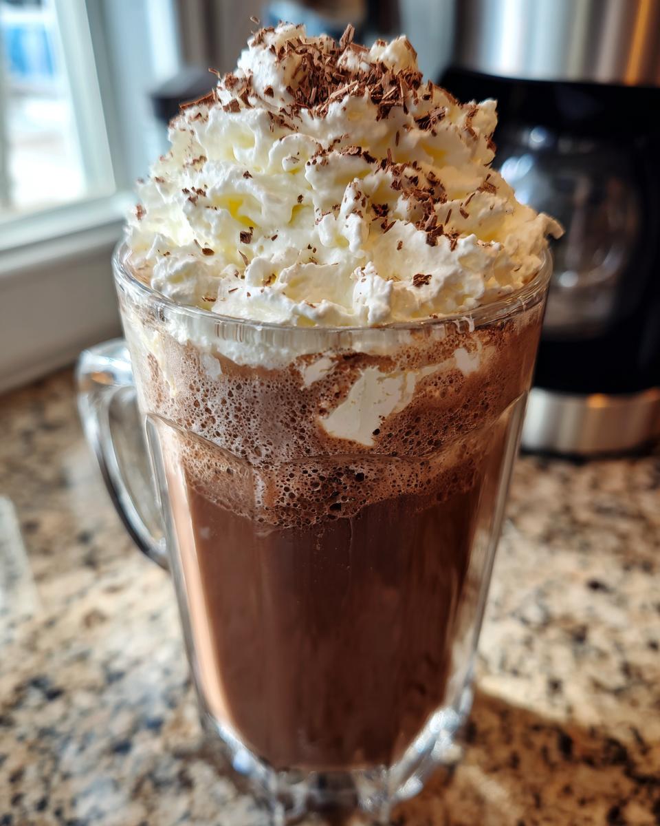 A tall glass mug filled with rich, blended frozen hot chocolate, topped high with whipped cream and chocolate shavings.