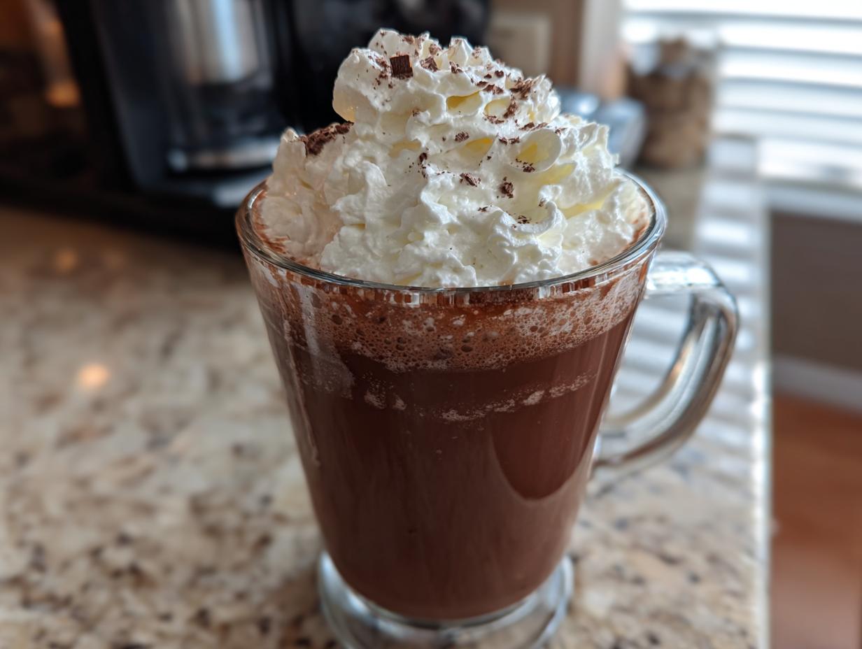 A tall glass mug filled with rich frozen hot chocolate topped high with whipped cream and chocolate shavings.