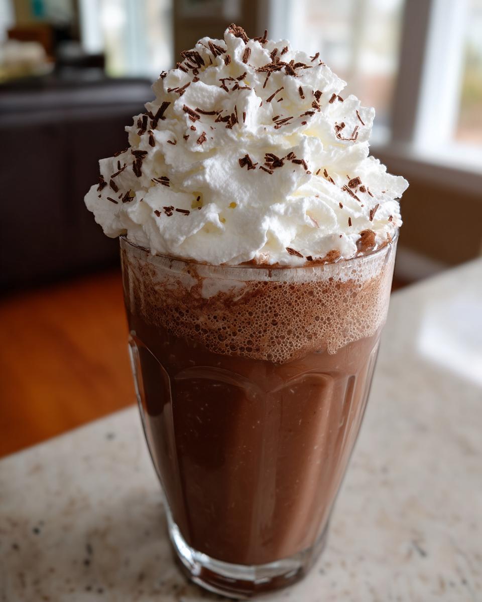 A tall glass filled with rich, blended frozen hot chocolate topped with whipped cream and chocolate shavings.