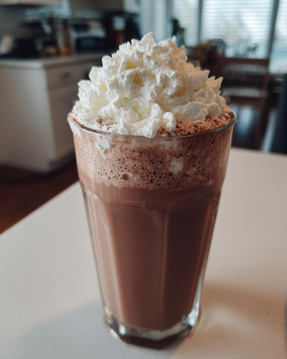 A tall glass filled with rich, blended frozen hot chocolate topped generously with whipped cream.