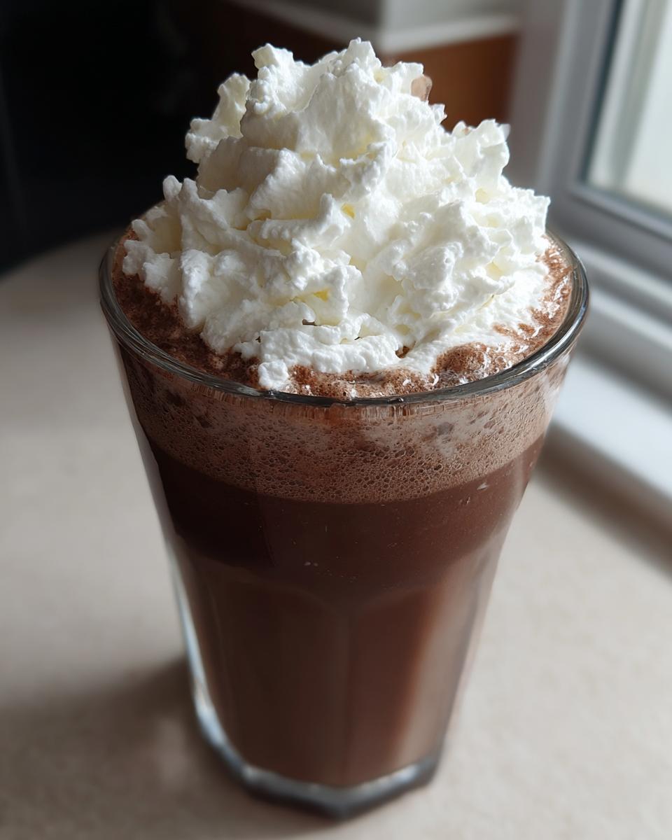A tall glass filled with rich, dark frozen hot chocolate topped high with fluffy whipped cream.