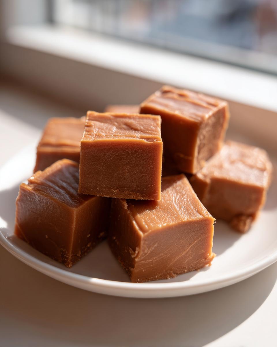 A stack of rich, brown squares of homemade peanut butter fudge recipe sitting on a white plate near a window.