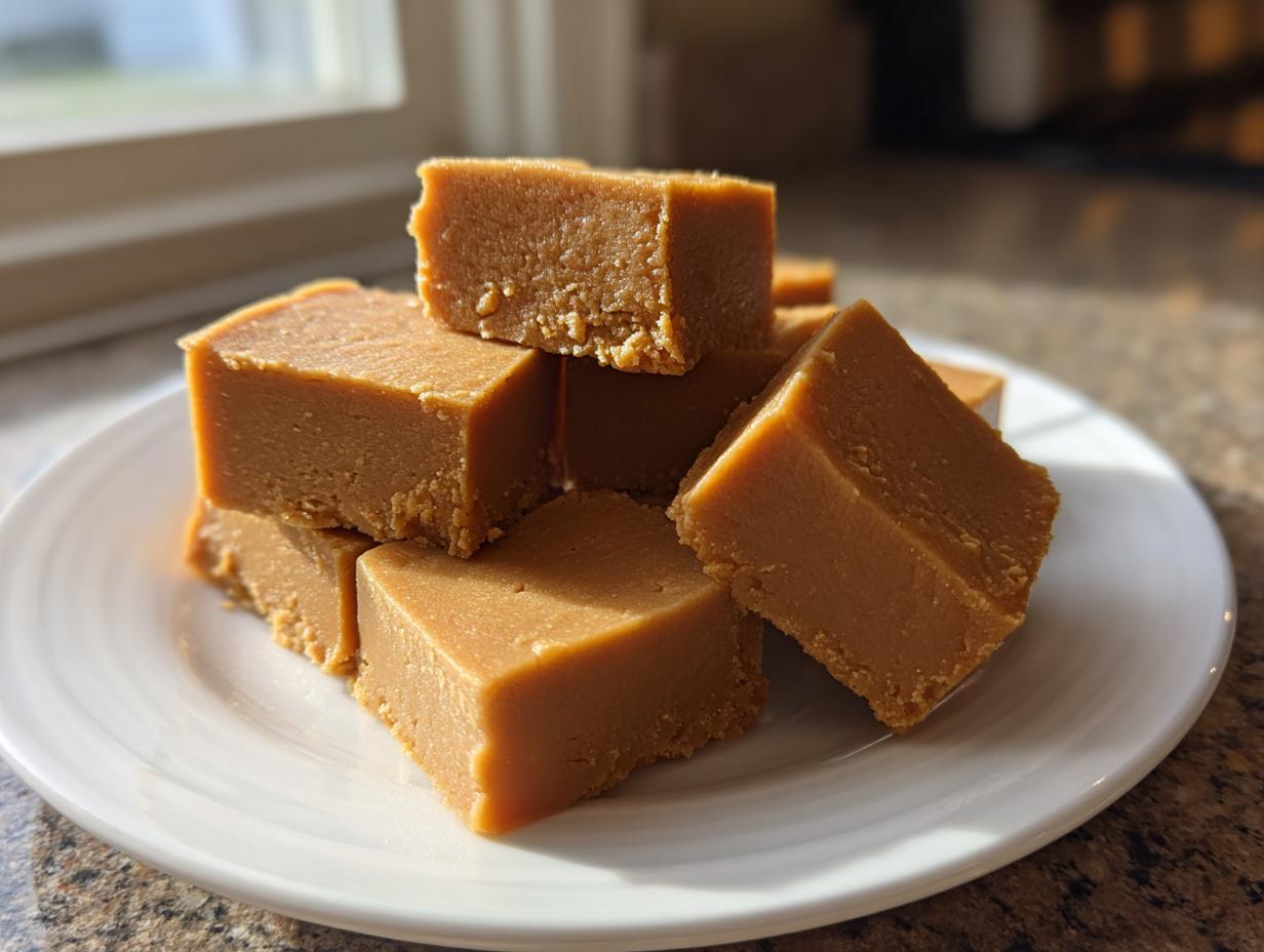 A stack of rich, creamy squares of homemade peanut butter fudge recipe sitting on a white plate.