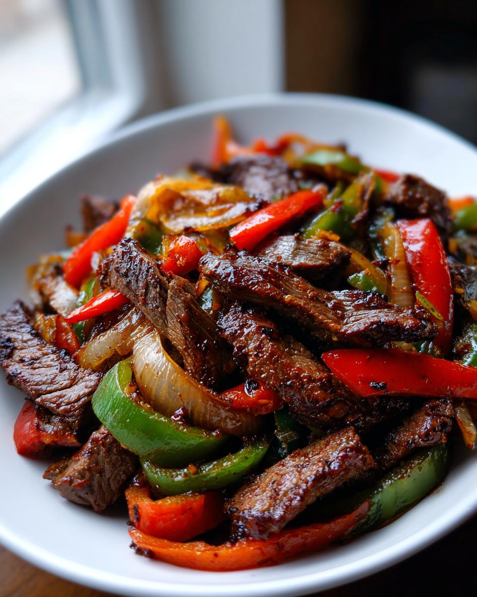 Close-up of perfectly cooked steak fajitas featuring strips of seasoned beef, green peppers, red peppers, and onions in a white bowl.