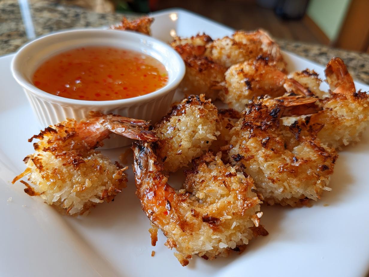 A plate of perfectly cooked, crispy coconut shrimp served with a small bowl of sweet chili dipping sauce.