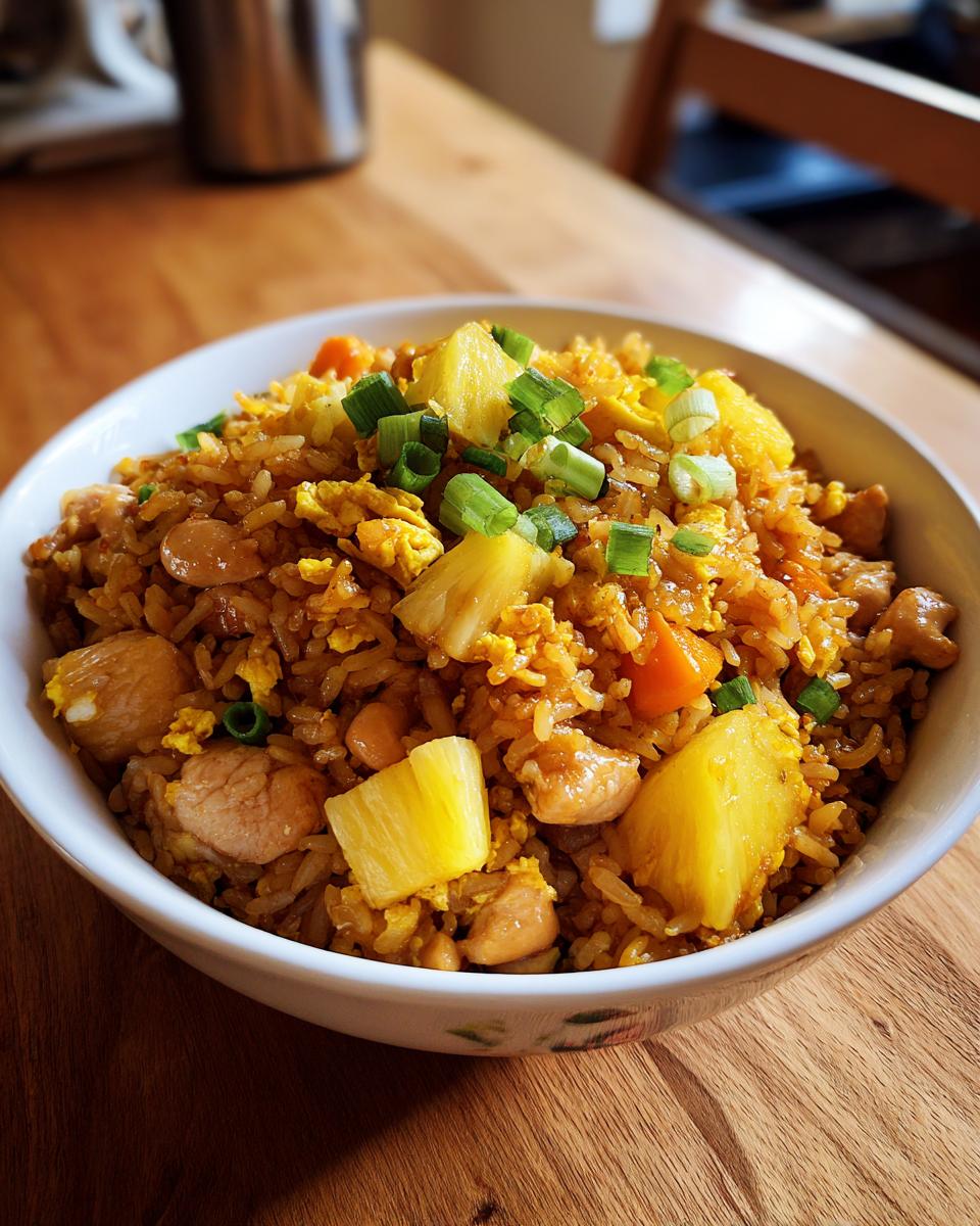 A close-up of a white bowl filled with vibrant pineapple fried rice, featuring chunks of pineapple, chicken, and green onions.