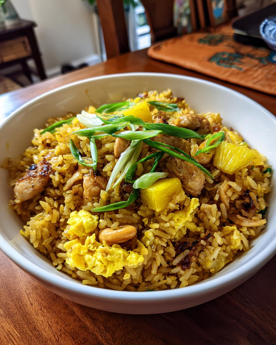A close-up of a white bowl filled with golden pineapple fried rice, topped with pineapple chunks, scrambled egg, and green onions.