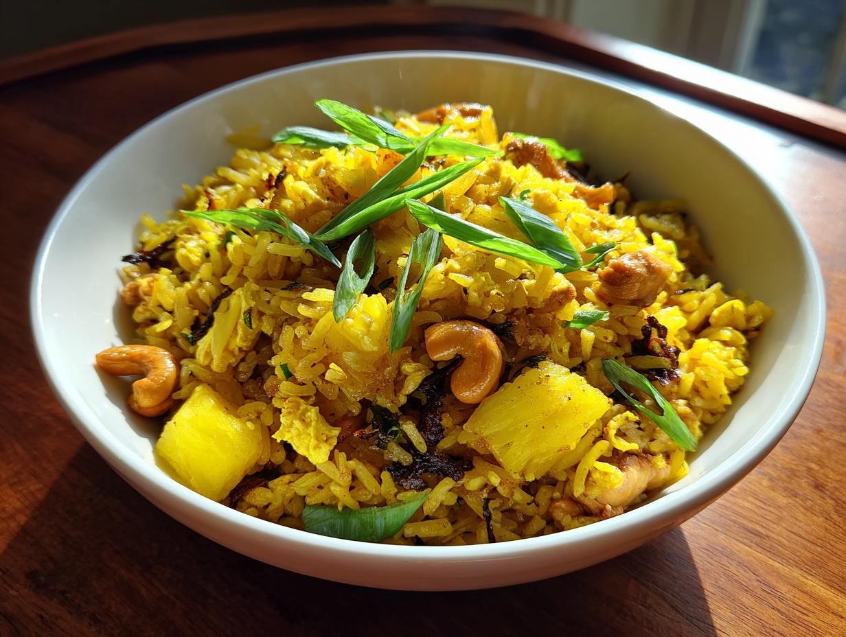 A vibrant bowl of yellow pineapple fried rice topped with cashews and green onions.