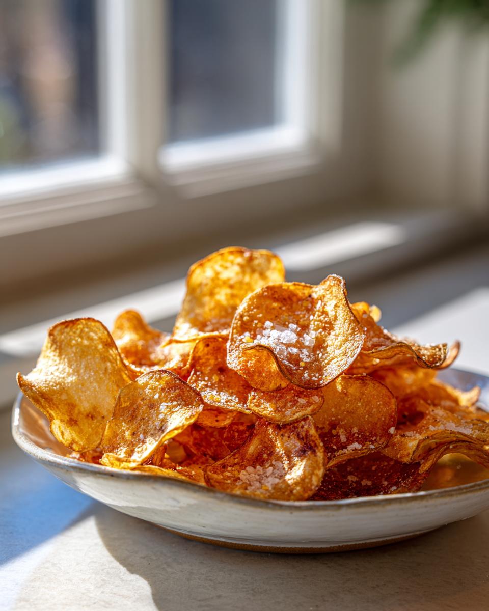 A bowl piled high with golden, crispy air fryer potato chips sprinkled with coarse salt.