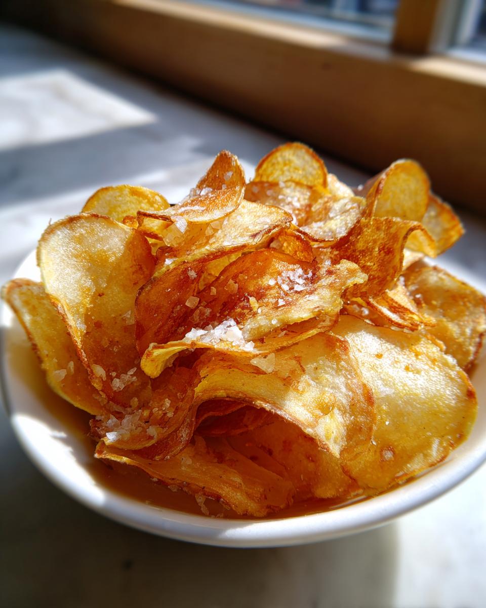 A close-up of perfectly golden and crunchy air fryer potato chips sprinkled with coarse sea salt in a white bowl.