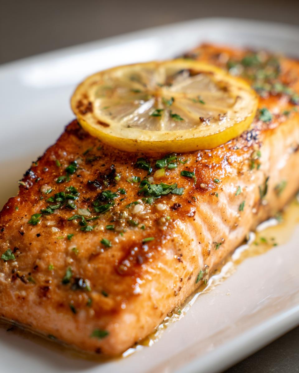 Close-up of a glistening, cooked air fryer salmon fillet topped with a lemon slice and fresh parsley.