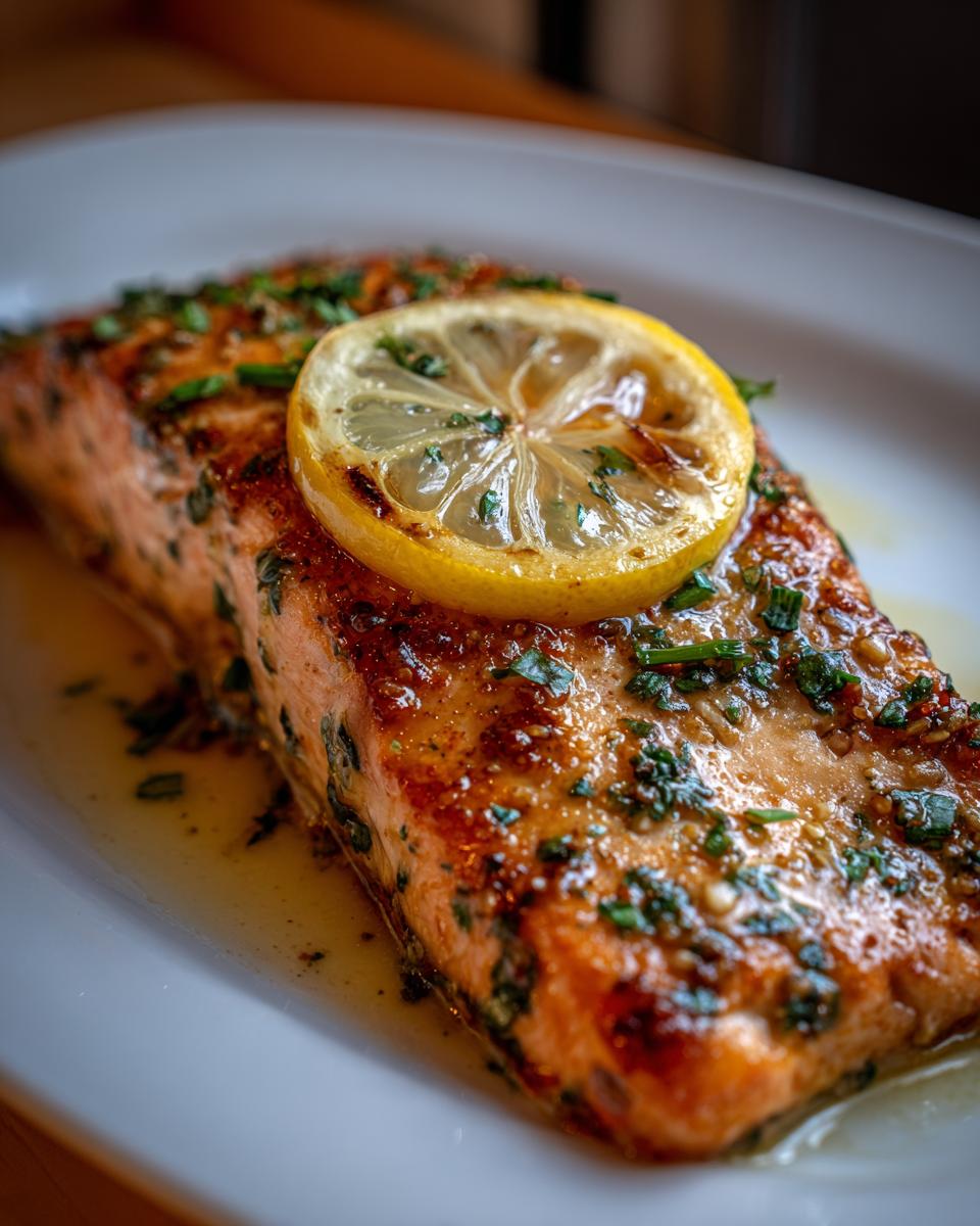 Close-up of a juicy, glazed piece of air fryer salmon topped with a lemon slice and fresh herbs.