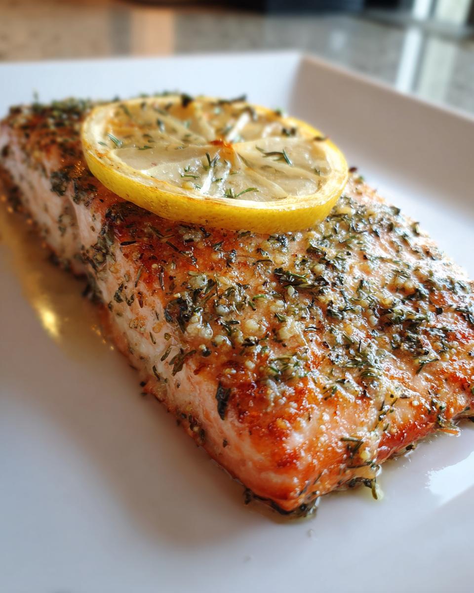 Close-up of a seasoned fillet of air fryer salmon topped with a lemon slice and herbs.