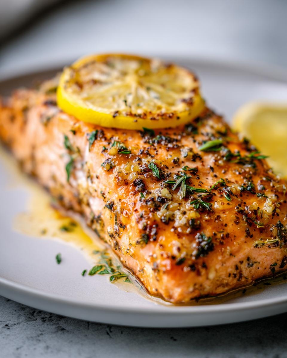 Close-up of a glistening, seasoned fillet of air fryer salmon topped with a lemon slice.