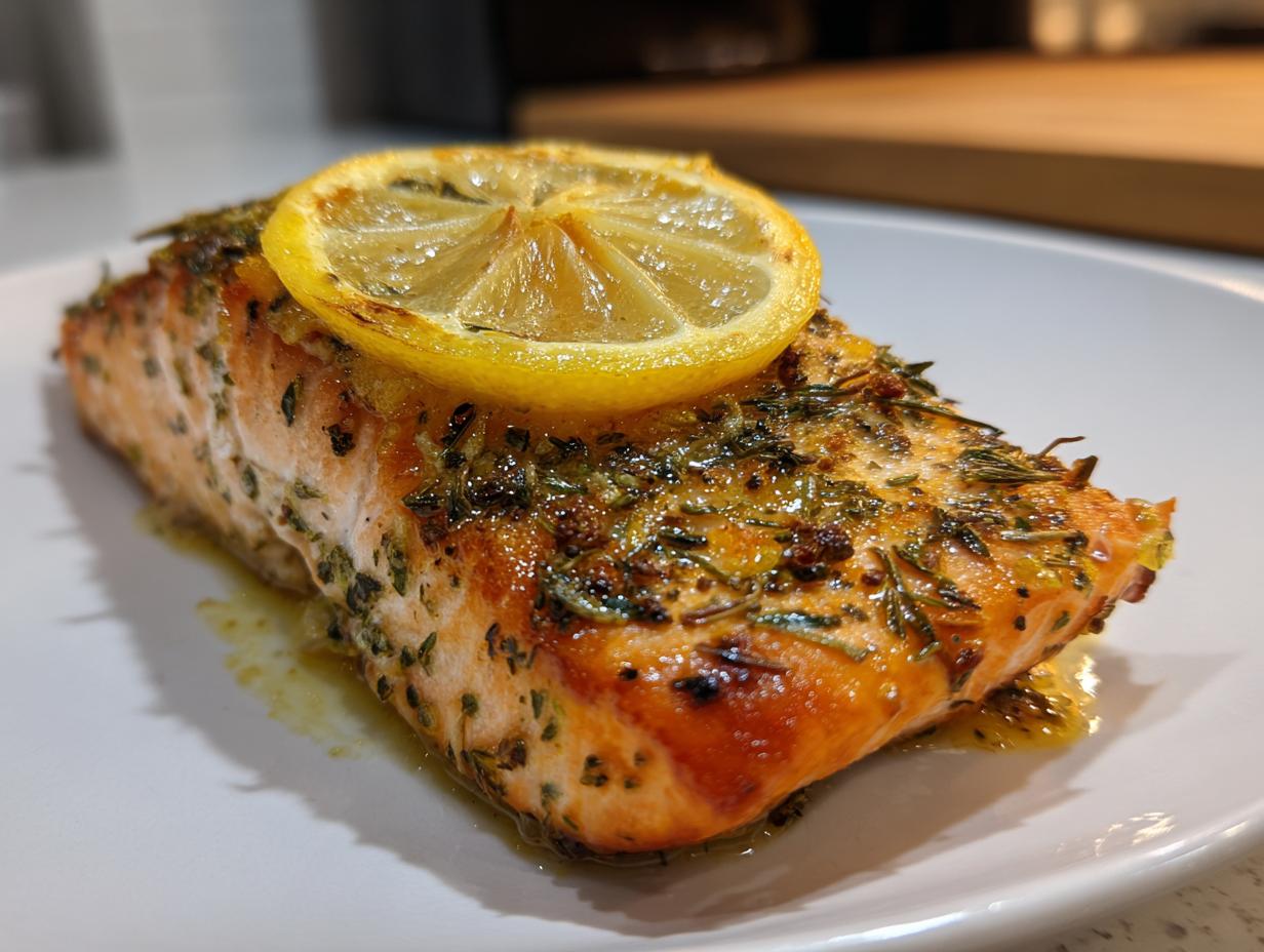 A perfectly cooked piece of air fryer salmon seasoned with herbs and topped with a caramelized lemon slice.