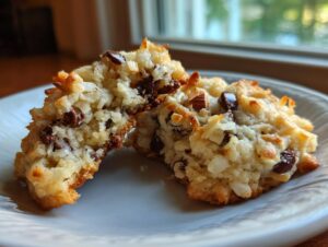 A close-up view of two halves of a chewy almond joy cookies, showing coconut, chocolate chips, and almonds.