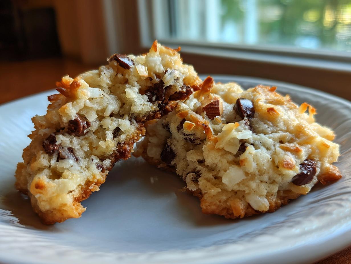 A close-up view of two halves of a chewy almond joy cookies, showing coconut, chocolate chips, and almonds.