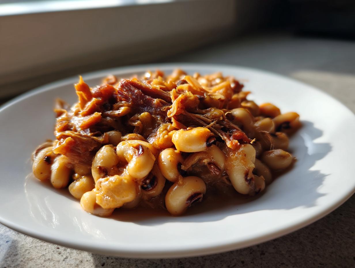 A close-up serving of savory black eyed peas mixed with shredded smoked meat on a white plate.