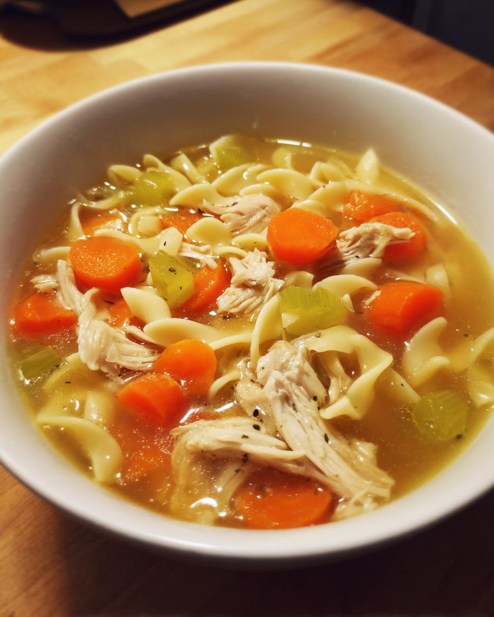 Close-up of a white bowl filled with homemade chicken soup, featuring shredded chicken, carrots, celery, and egg noodles.