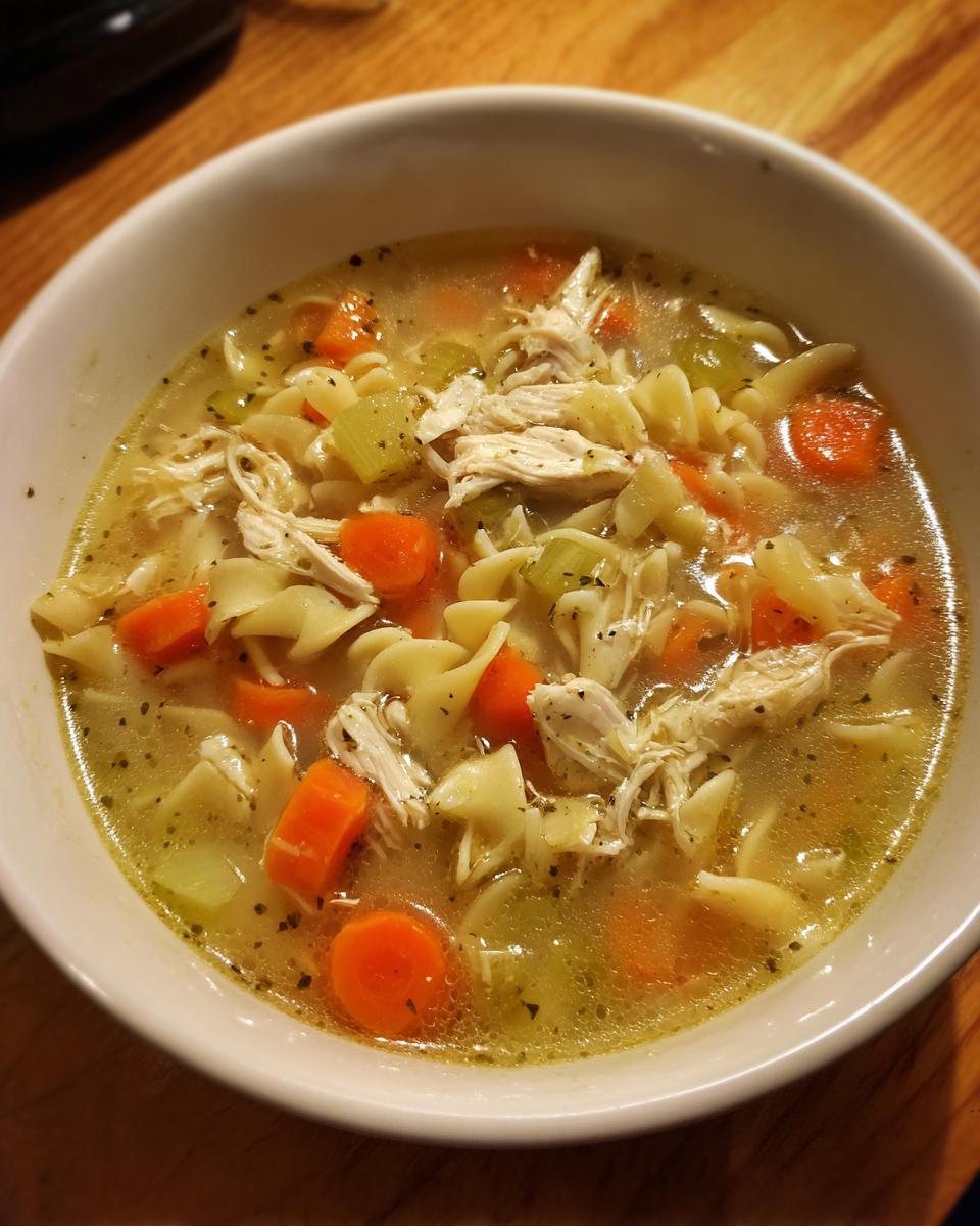 Close-up of a white bowl filled with steaming chicken soup containing shredded chicken, egg noodles, carrots, and celery.