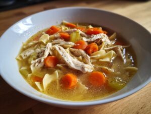 A close-up, bright photo of a white bowl filled with homemade chicken soup, featuring shredded chicken, egg noodles, and sliced carrots.