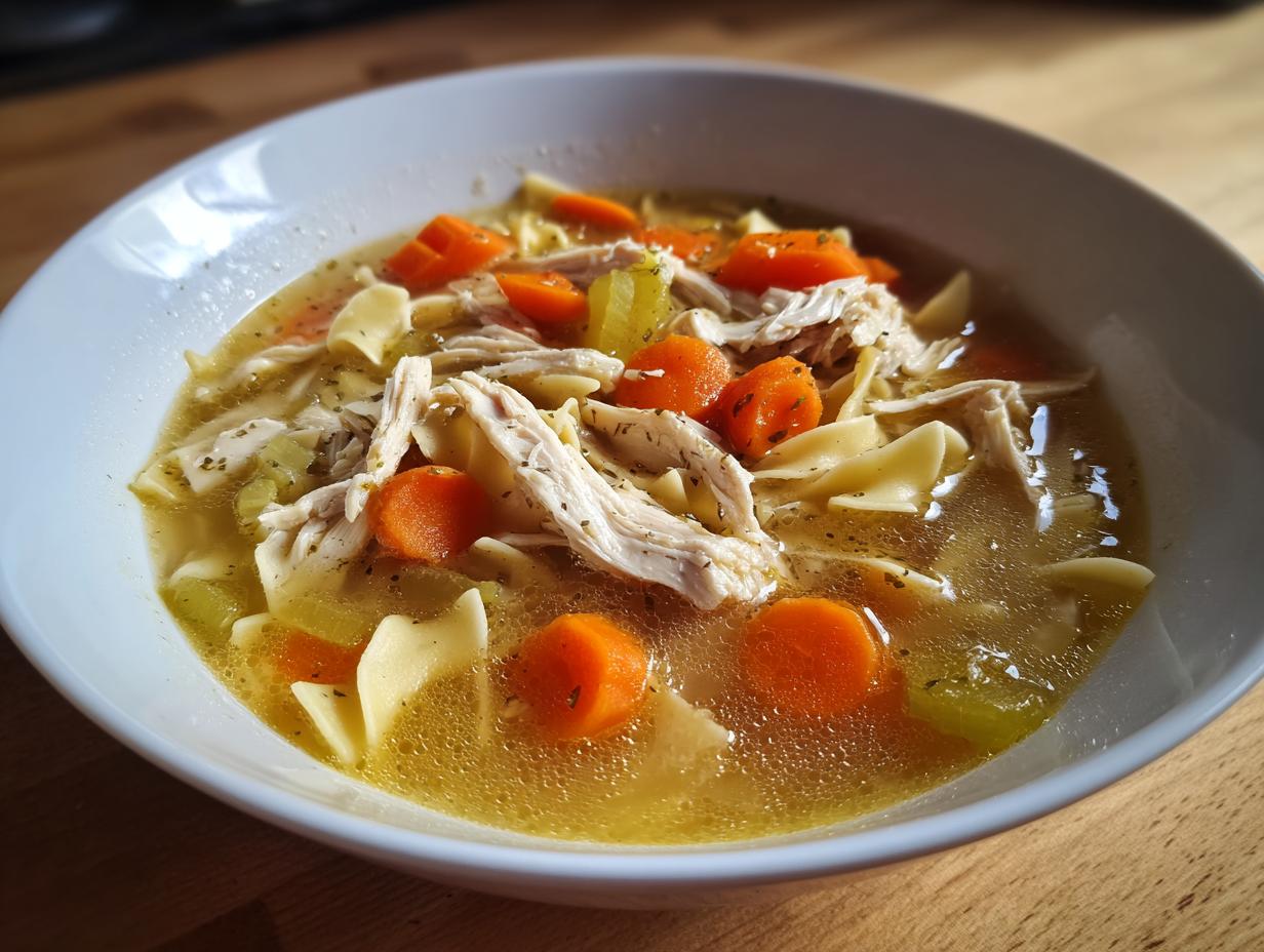 A close-up, bright photo of a white bowl filled with homemade chicken soup, featuring shredded chicken, egg noodles, and sliced carrots.