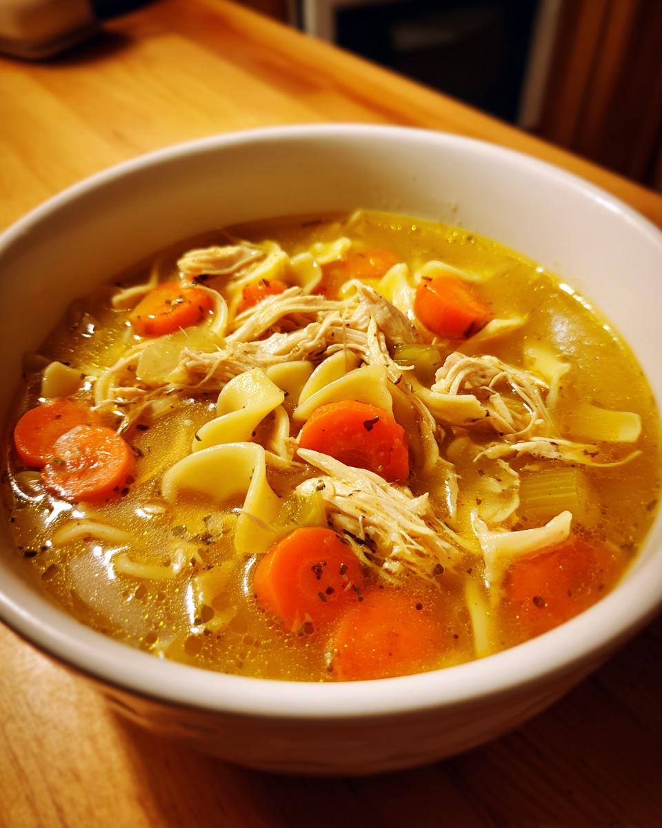 Close-up of a white bowl filled with homemade chicken soup, featuring shredded chicken, egg noodles, and sliced carrots.