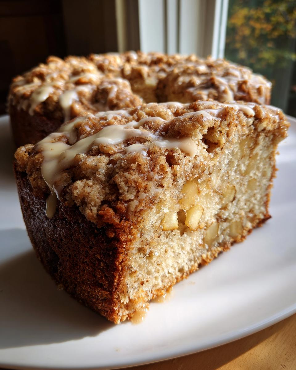 A close-up slice of amazing apple crumb cake topped with cinnamon streusel and vanilla glaze.