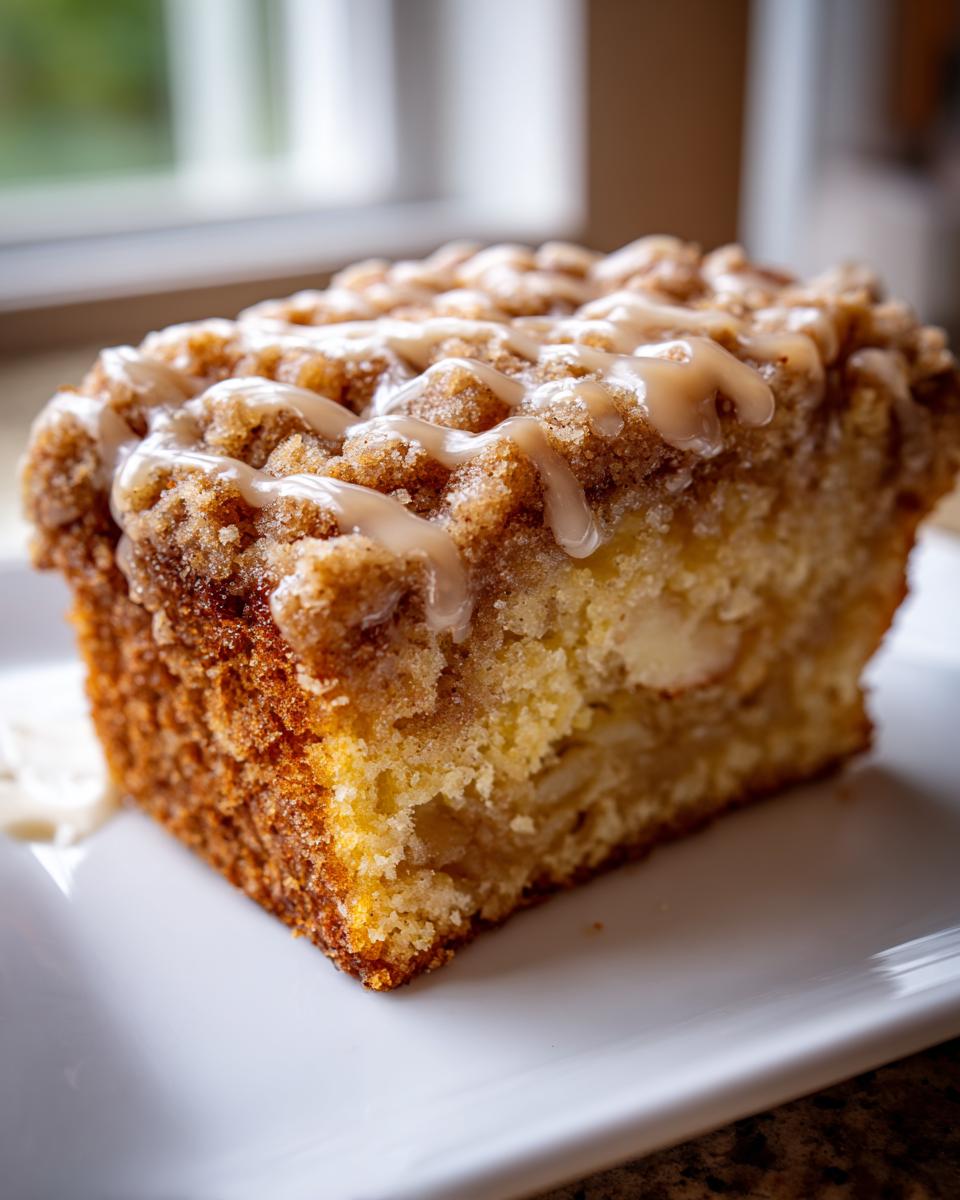 Close-up of a moist slice of apple crumb cake topped with cinnamon streusel and a light glaze drizzle.