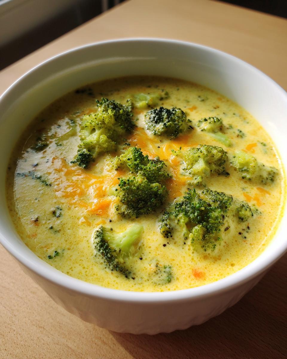 A white bowl filled with creamy, yellow broccoli cheddar soup topped with bright green broccoli florets.