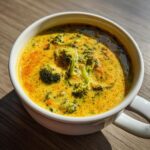 A close-up overhead shot of a white mug filled with creamy, yellow broccoli cheddar soup.