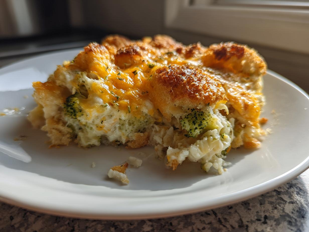 A close-up serving of baked broccoli cheese casserole with a golden, cheesy crust on a white plate.