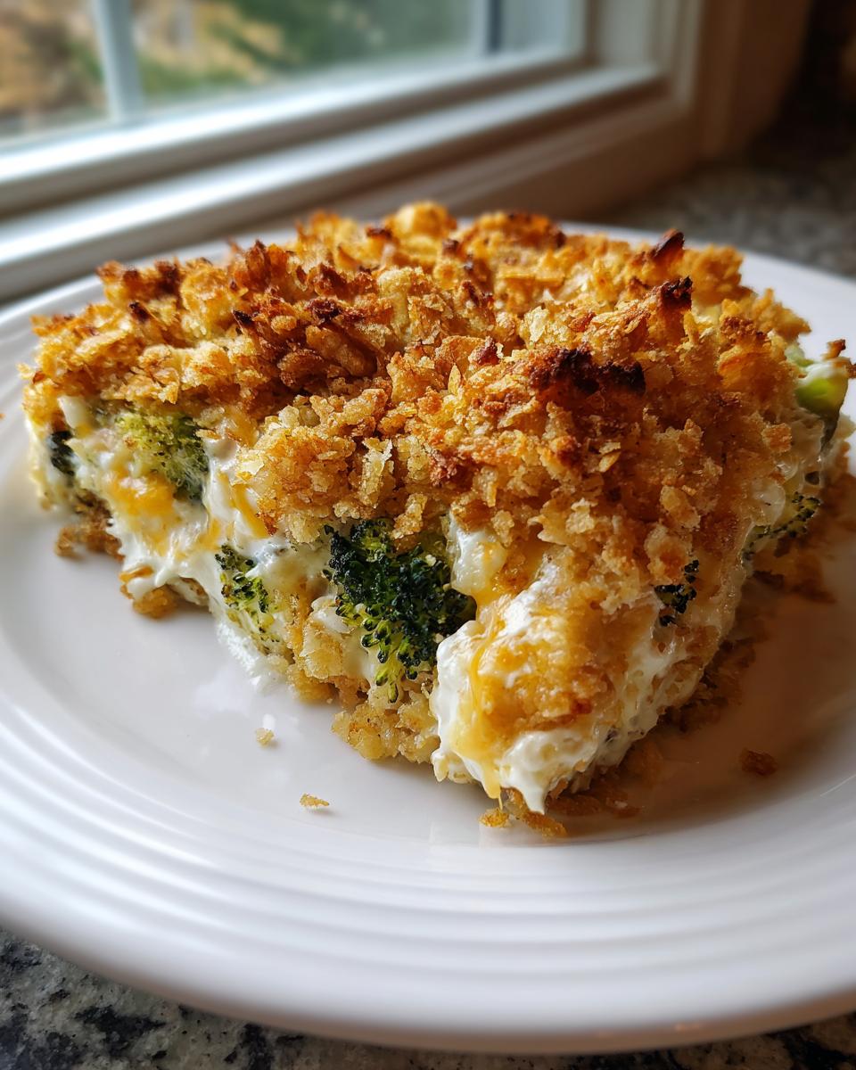 A close-up serving of amazing broccoli cheese casserole featuring creamy sauce, green florets, and a golden, crunchy topping.