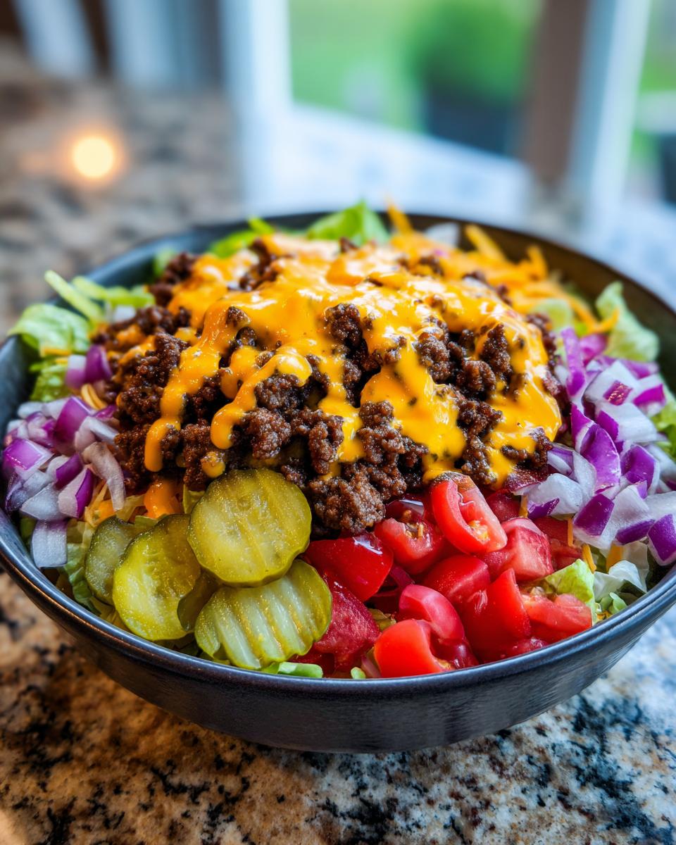 A close-up of a delicious cheeseburger bowl featuring seasoned ground beef, melted cheese, pickles, tomatoes, and red onion over lettuce.