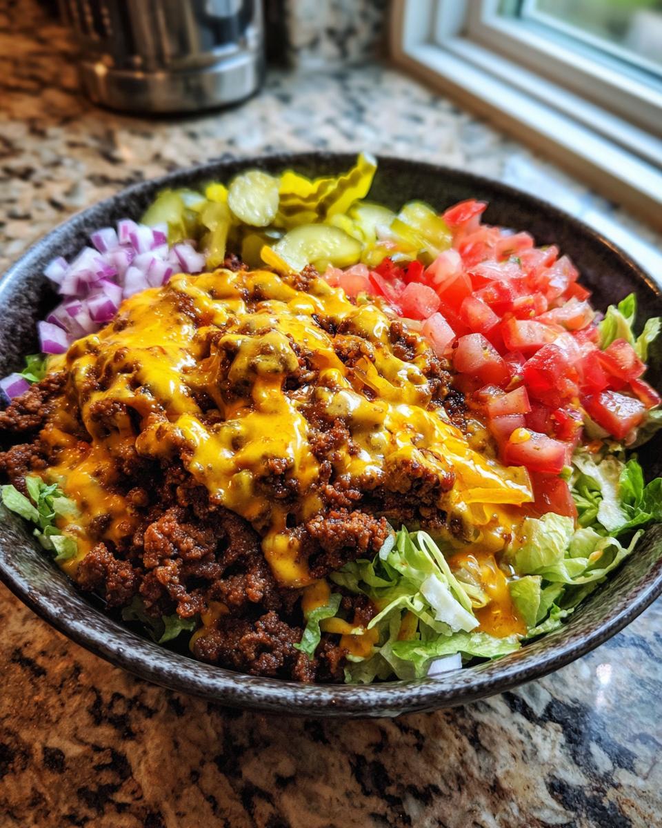 A delicious cheeseburger bowl featuring seasoned ground beef topped with melted cheese, served over lettuce with diced tomatoes, red onion, and pickles.