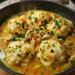 Close-up of steaming chicken and dumpling dish with fluffy dumplings, shredded chicken, and parsley garnish.