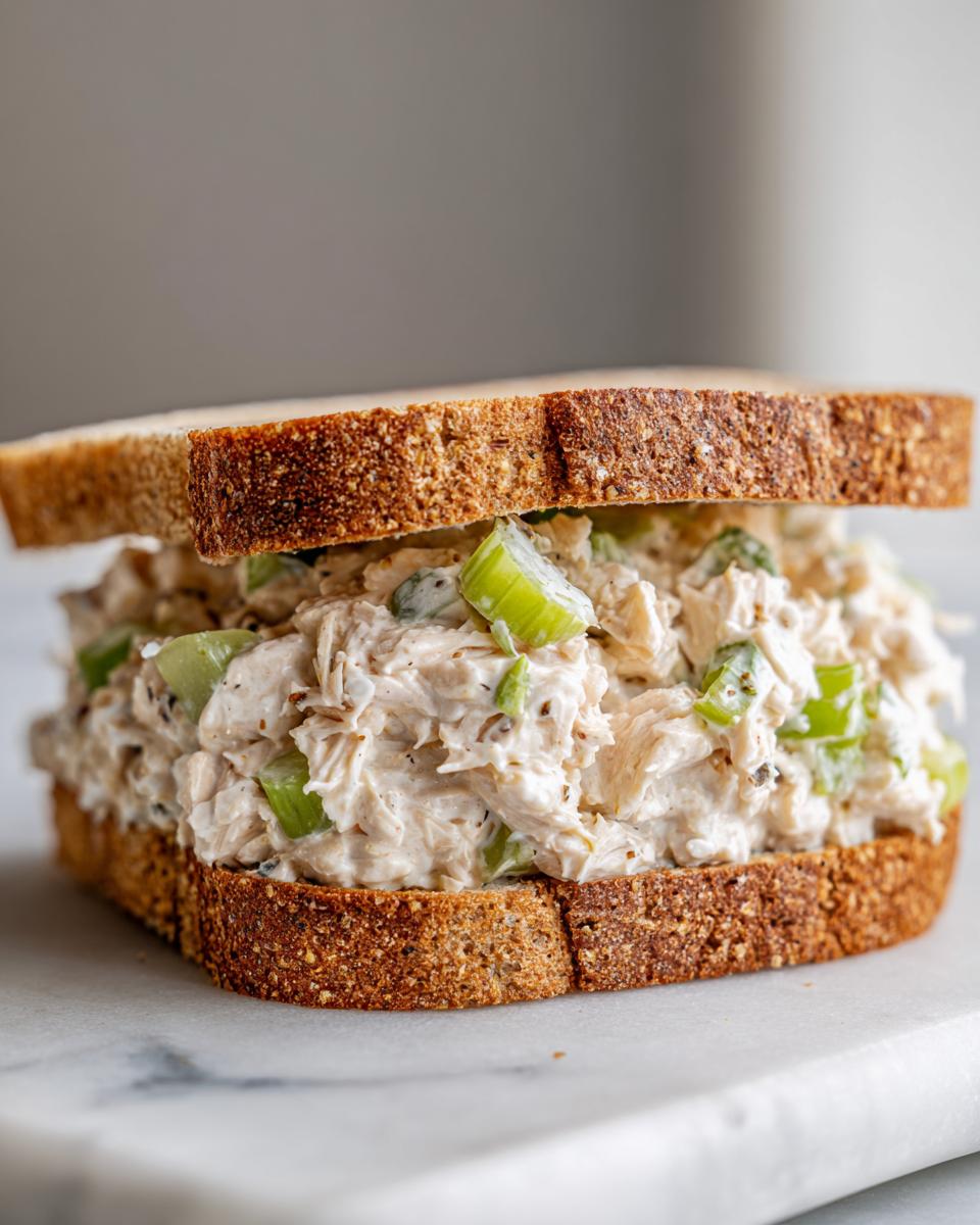 A close-up of an amazing chicken salad sandwich made with shredded chicken, celery, and creamy dressing on toasted whole wheat bread.
