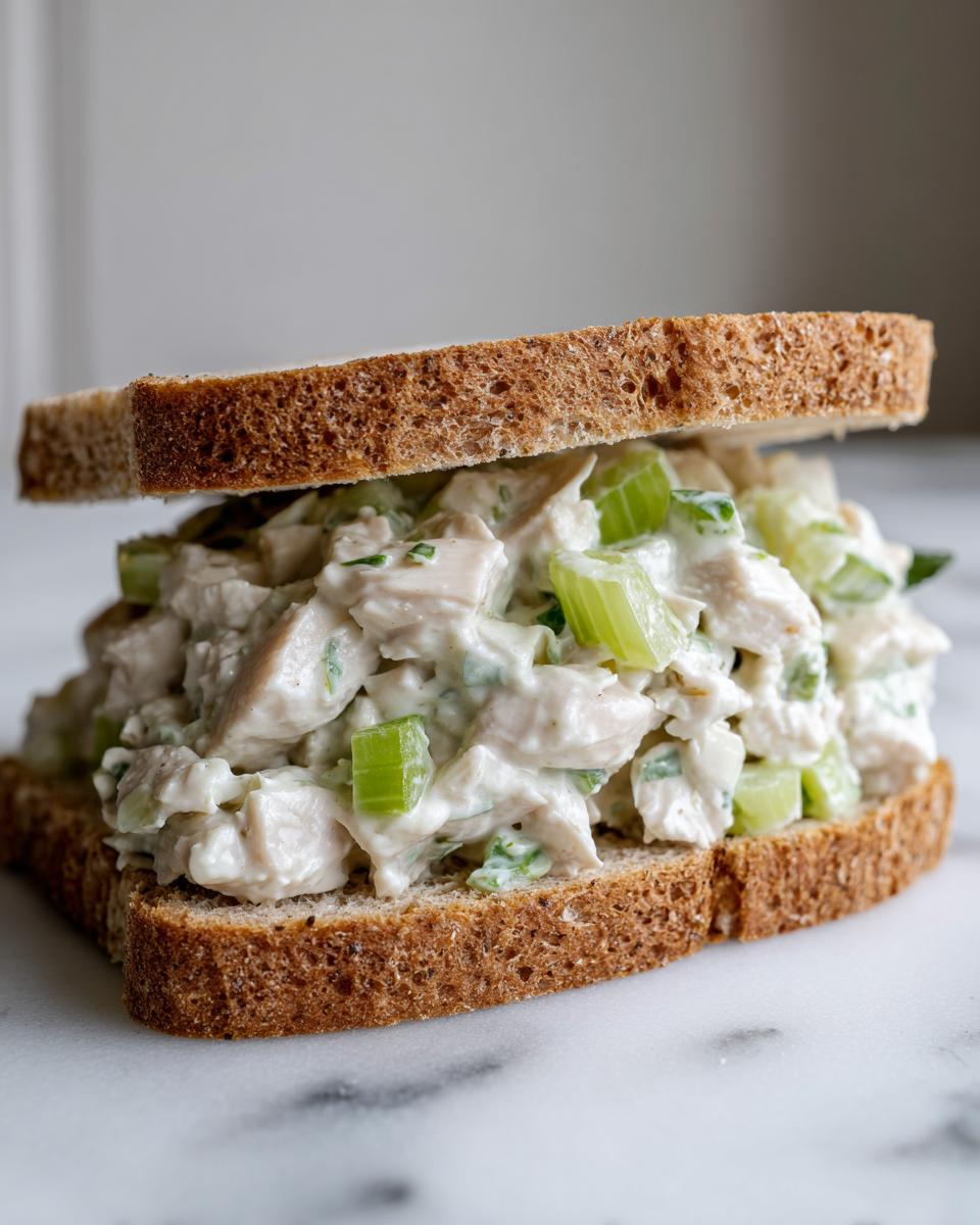 A generous portion of creamy chicken salad sandwich filling with celery on whole wheat bread.