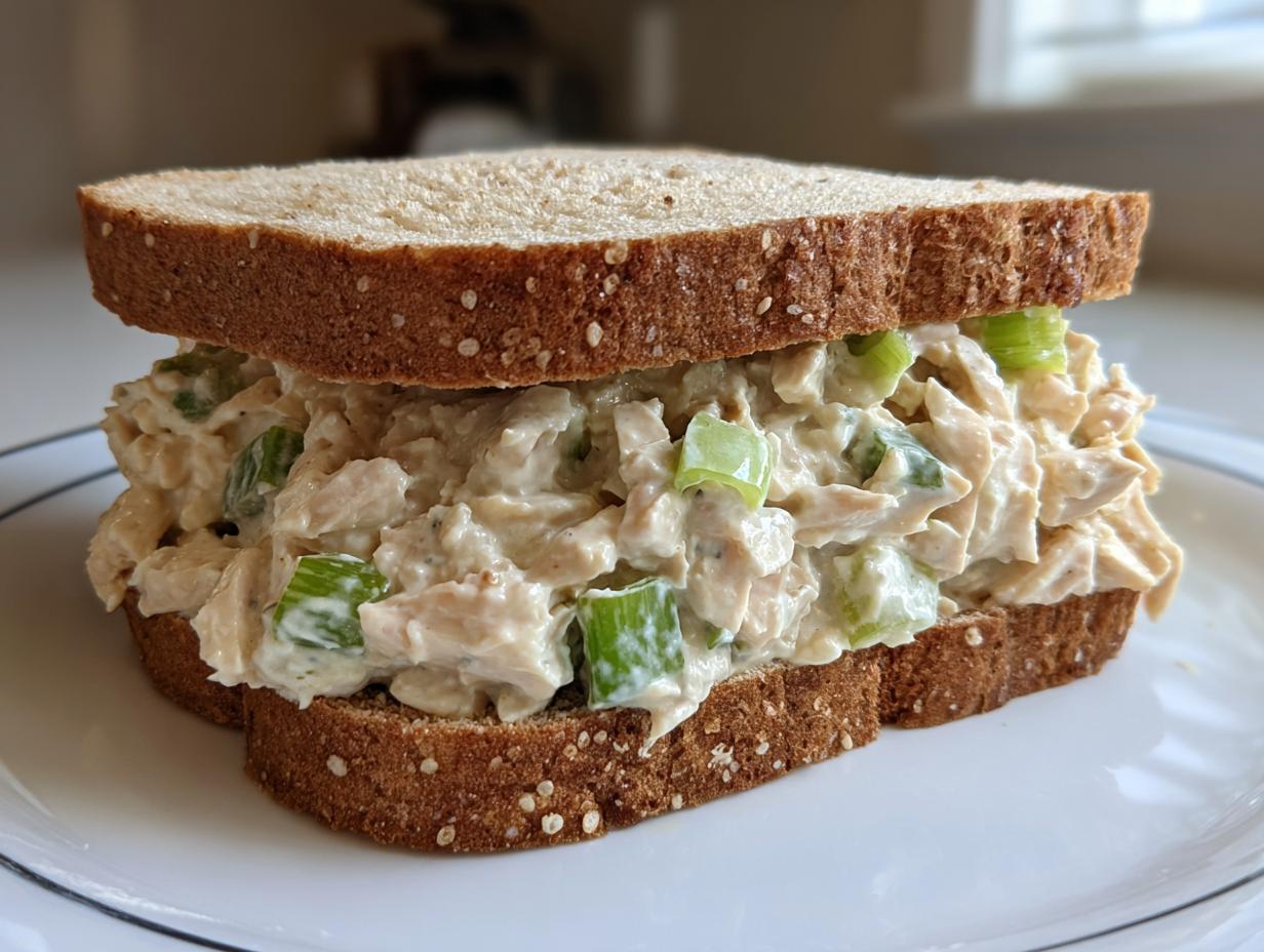 A close-up of an amazing chicken salad sandwich piled high with creamy filling and celery on whole wheat bread.