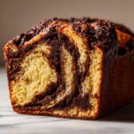 Close-up of a freshly baked chocolate babka showing the rich, swirled layers of chocolate filling and golden dough.