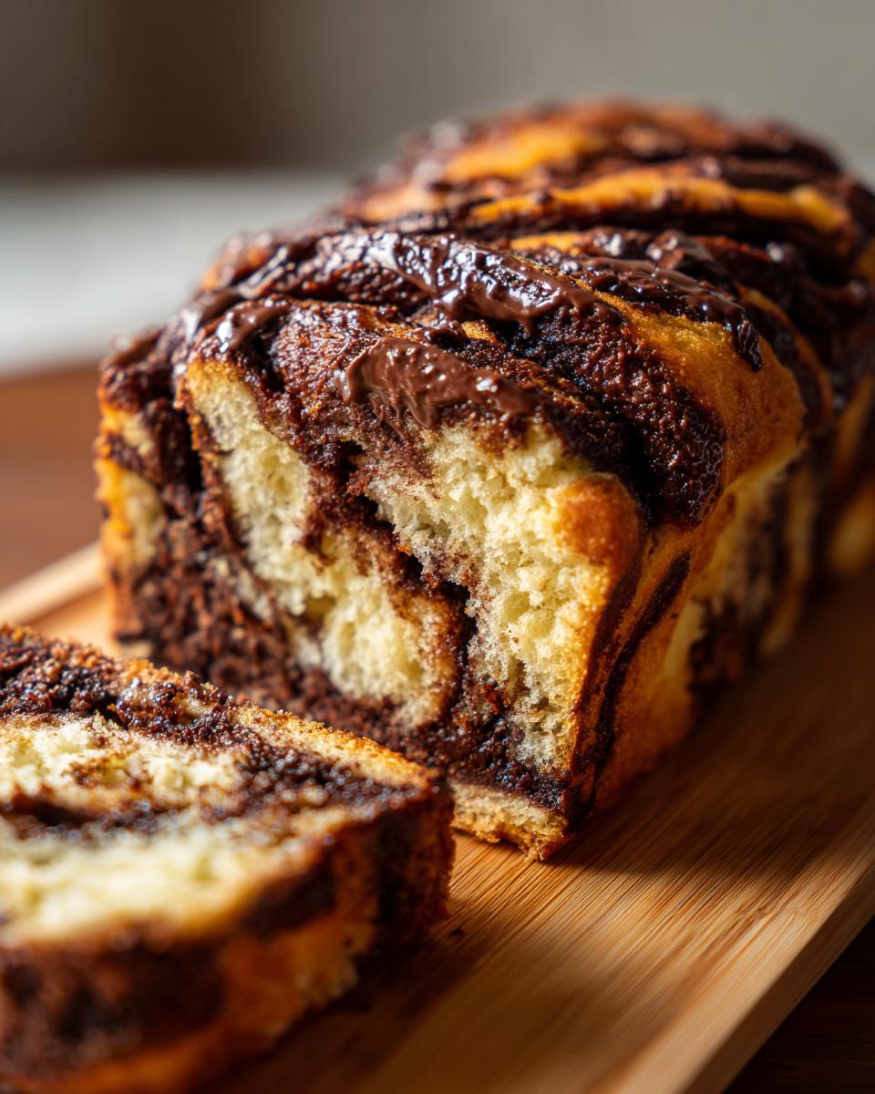 A close-up of a freshly baked chocolate babka loaf with a slice cut, showing the rich chocolate swirls inside.