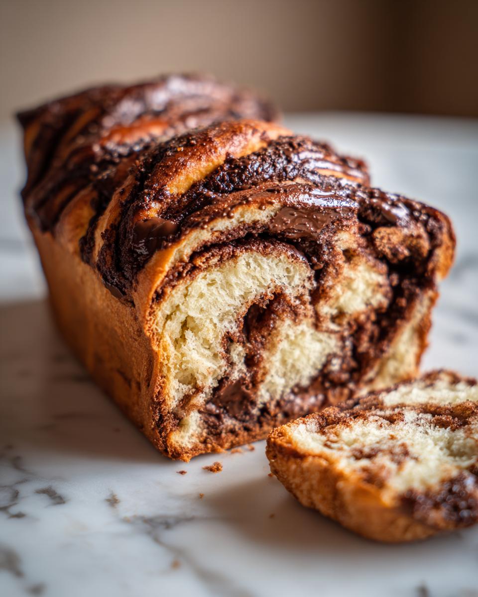 A freshly baked chocolate babka loaf, sliced to show the rich, swirled chocolate filling inside.