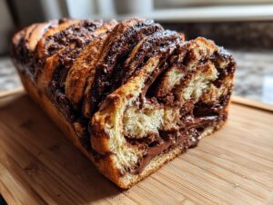 A freshly baked chocolate babka loaf showing rich, gooey chocolate swirls inside, resting on a wooden cutting board.