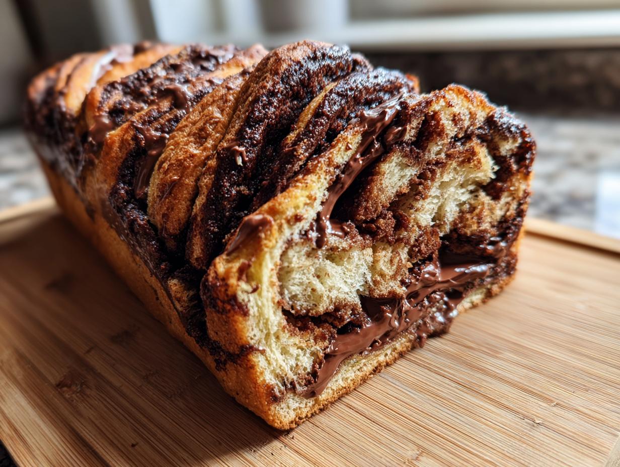 A freshly baked chocolate babka loaf showing rich, gooey chocolate swirls inside, resting on a wooden cutting board.