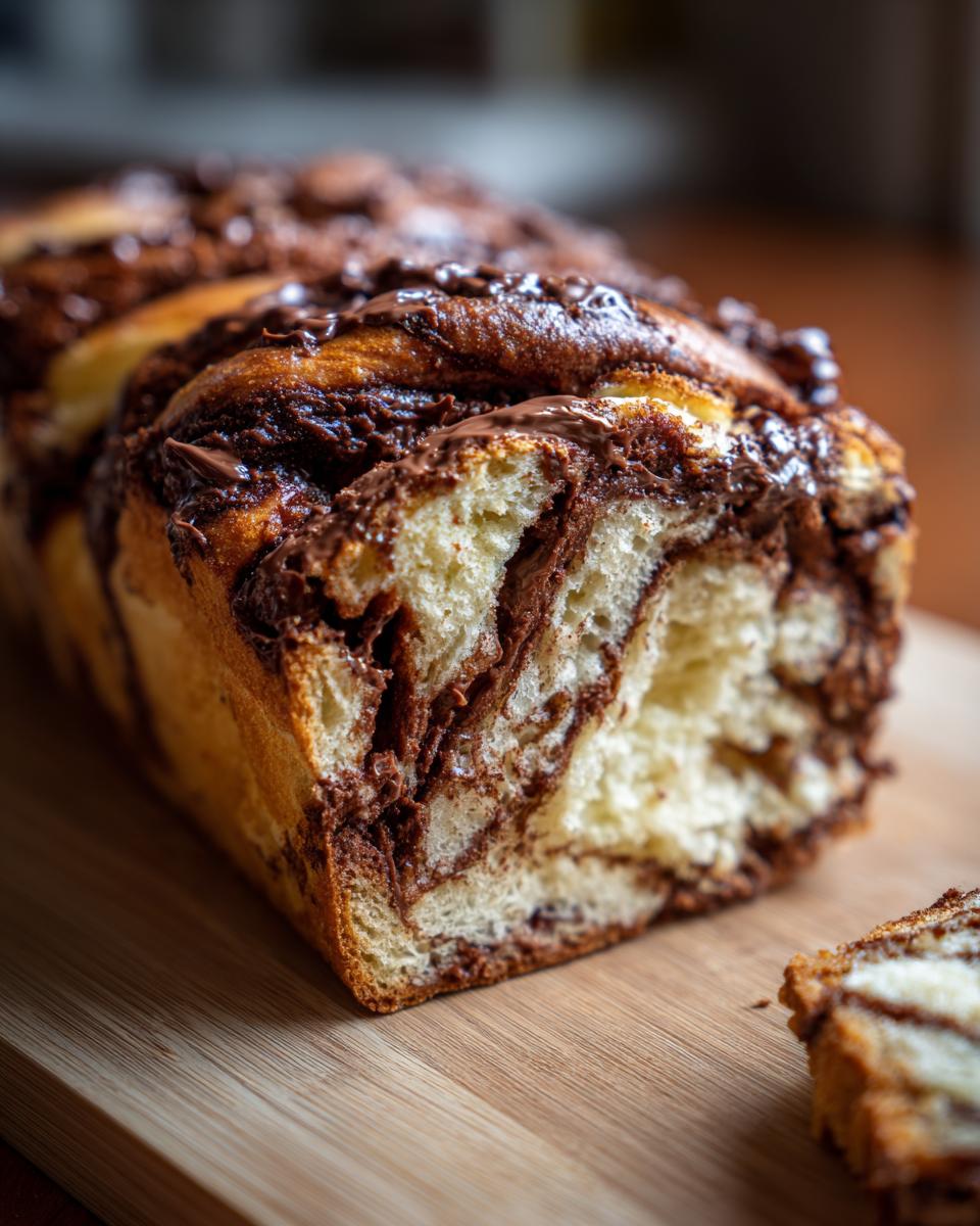 A close-up shot of a freshly baked chocolate babka loaf showing the rich, swirled chocolate filling and soft interior.