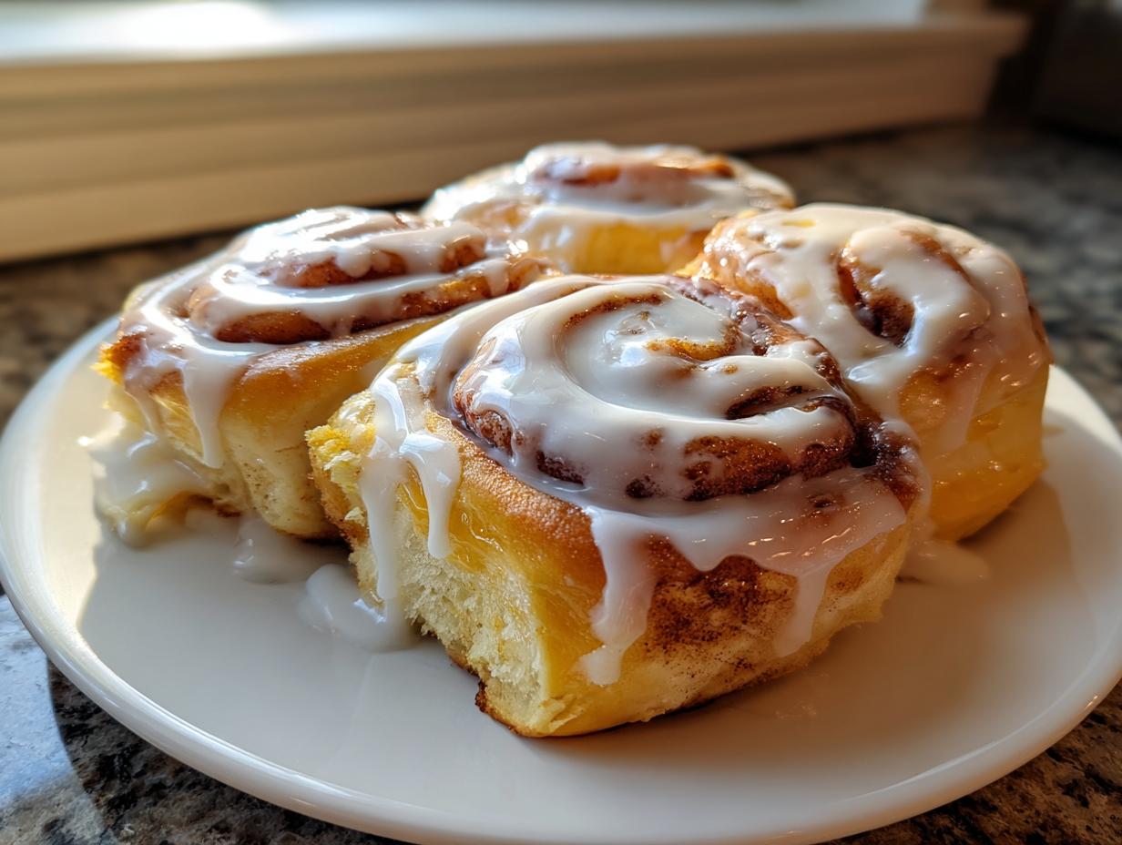 Close-up of four fluffy, freshly baked cinnamon buns generously topped with white icing, served on a white plate.