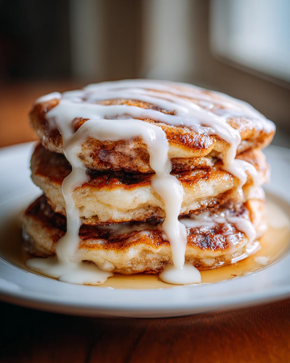 A tall stack of golden brown cinnamon roll pancakes dripping with thick, white cream cheese glaze.