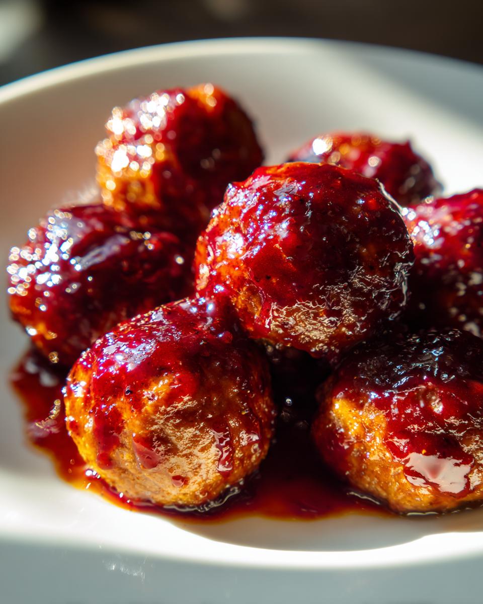 A close-up shot of several glistening, saucy cocktail meatballs piled in a white bowl.
