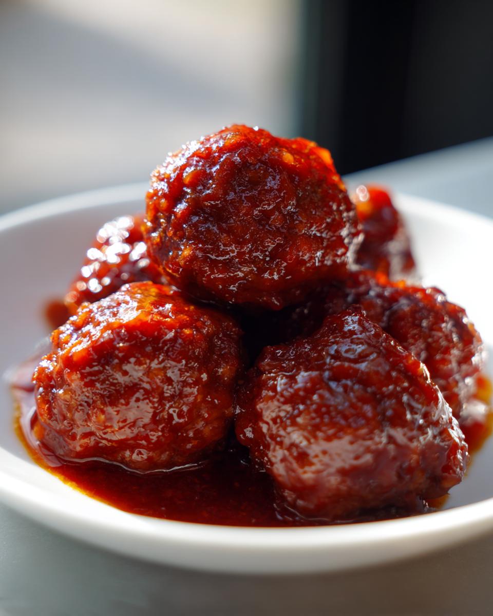 Close-up of several glossy, sauce-covered cocktail meatballs piled in a white bowl.