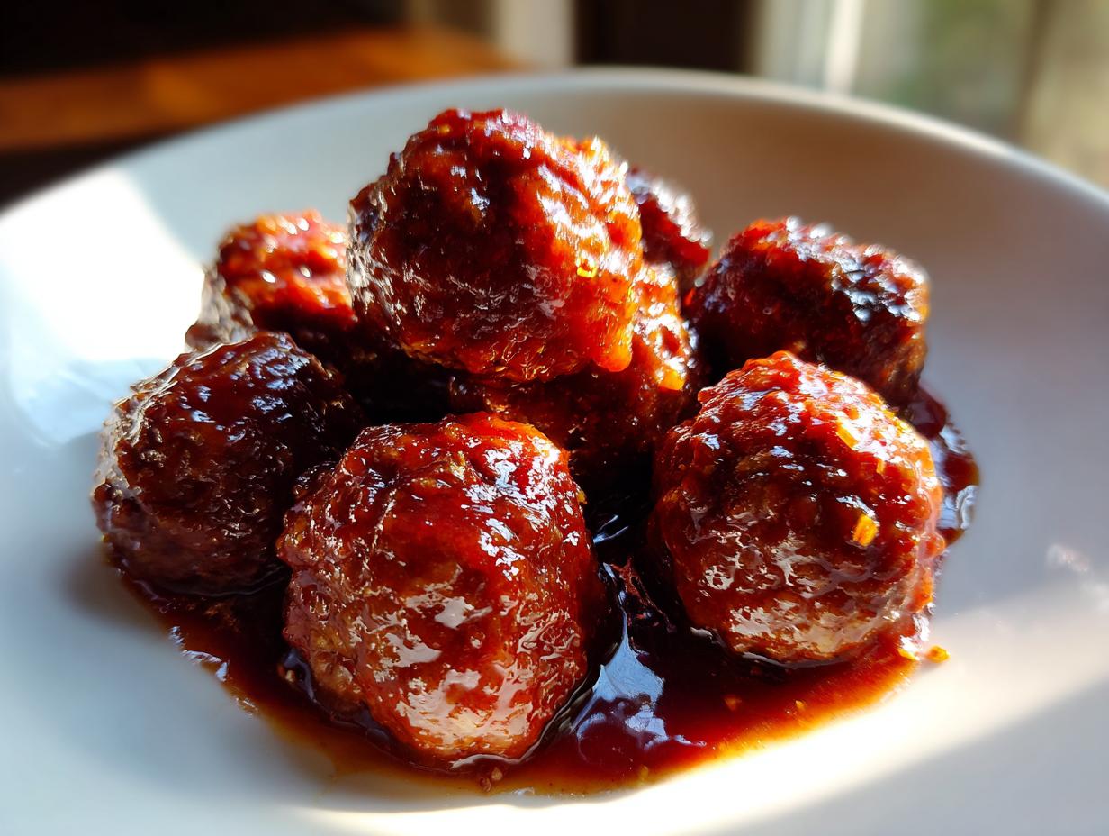 A close-up of several glossy, sauce-covered cocktail meatballs piled on a white plate, glistening in the light.